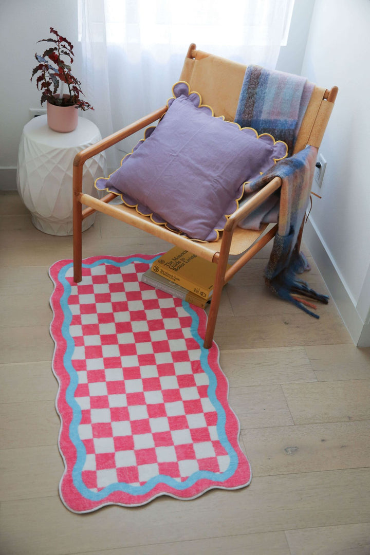 Pink and Blue Lace checkerboard Runner Under Chair