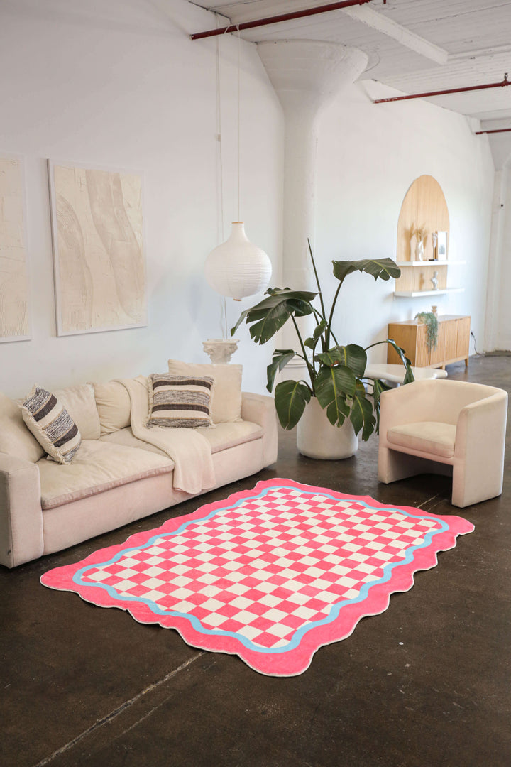 LanySpace Pink and Blue Lace Checkered Rug in 5' x 7'