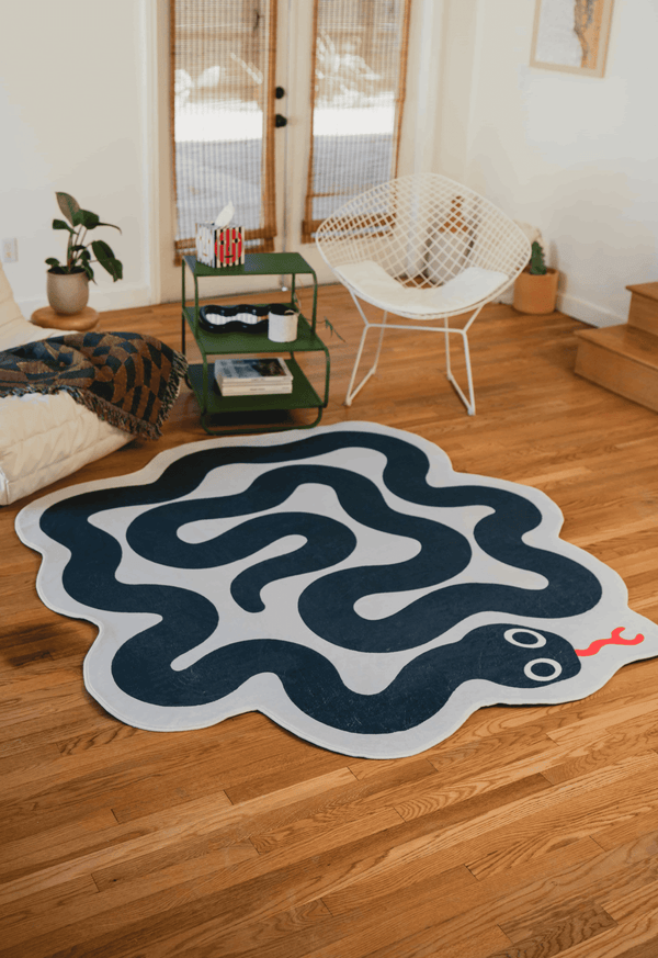 LanySpace Spiral Snake Design Rug in Grey, Placed in Living Room