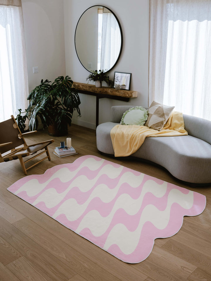 LanySpace Irregular Shaped Pink and Yellow Wavy Rug in Living Room