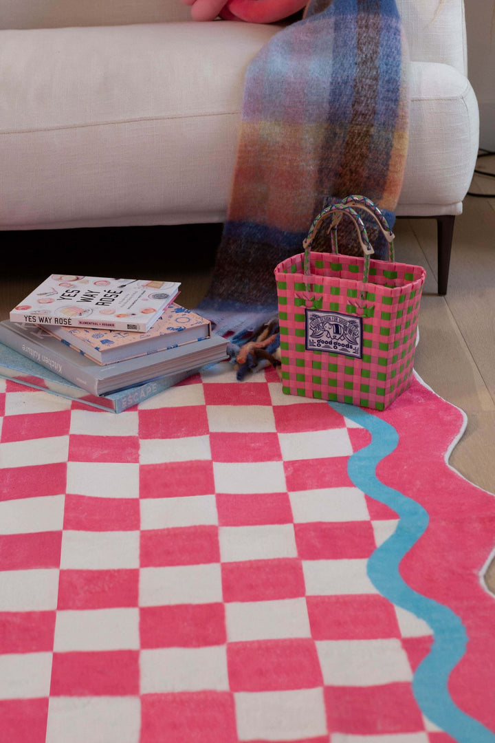 Basket on LanySpace Pink and Blue Lace Checkered Rug