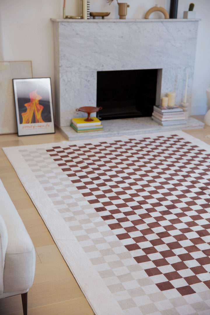 LanySpace Chocolate & Ivory Checkered Rug, near the fireplace