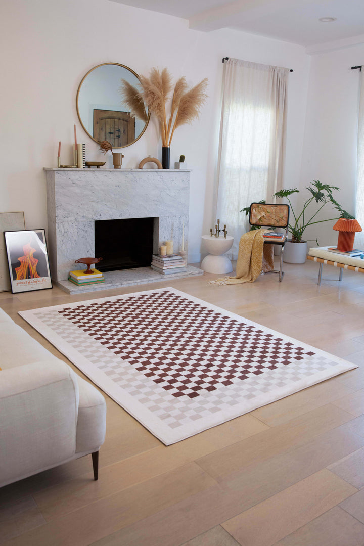 LanySpace Chocolate and Ivory Checkered Rug in the living space