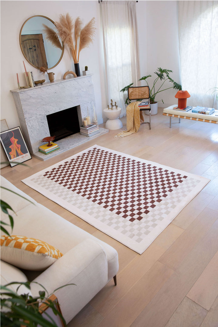 LanySpace Chocolate & Ivory Checkered Rug in the Living Room