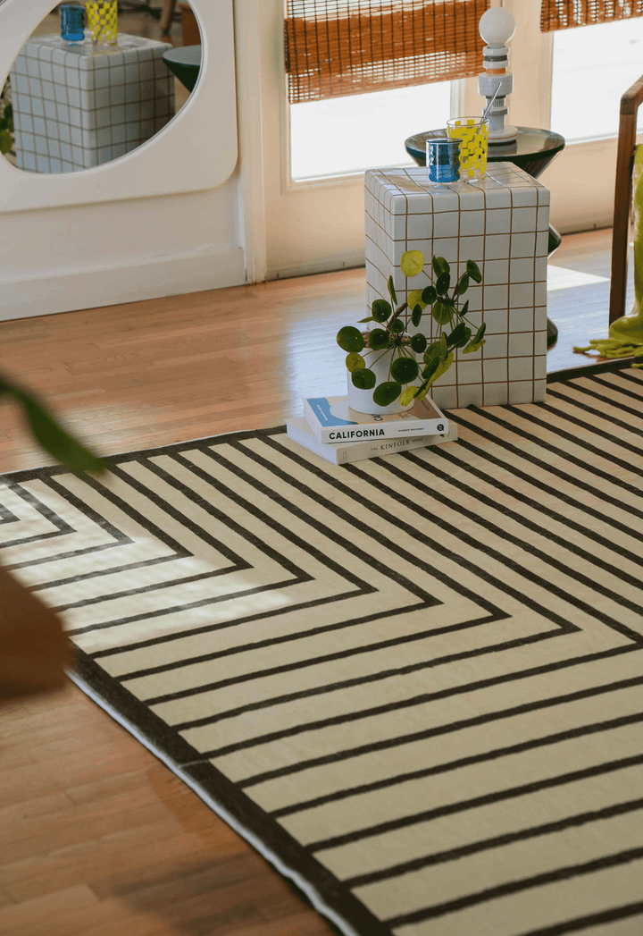 LanySpace Olive Green Striped Minimalist Rug in corner