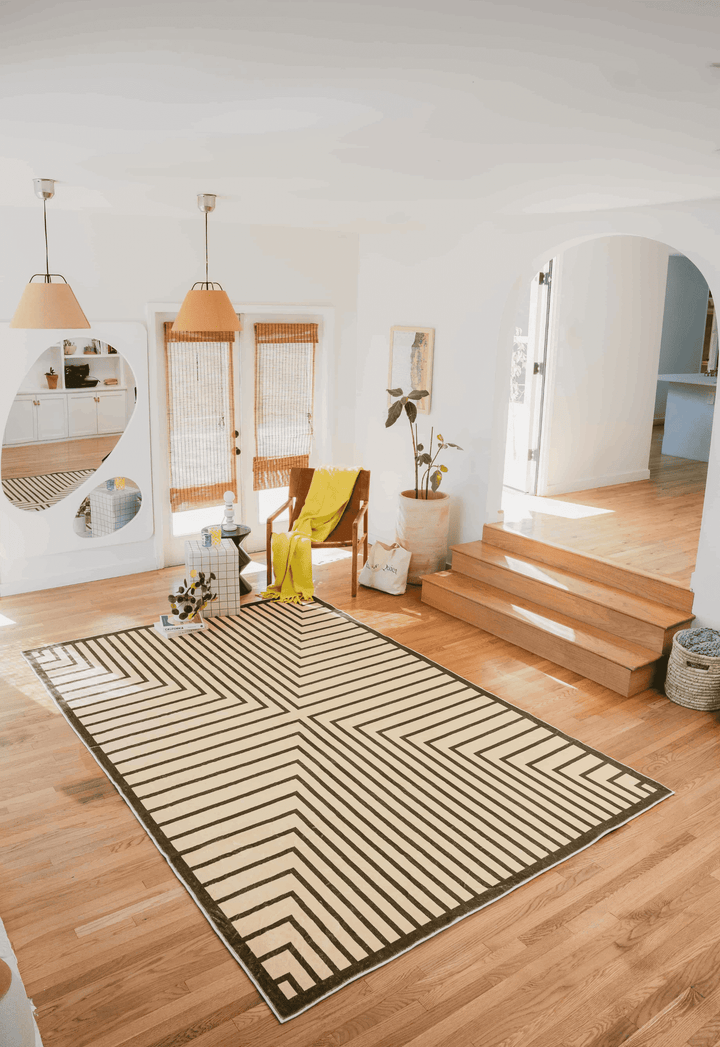 LanySpace Olive Green Striped Minimalist Rug in Living Room