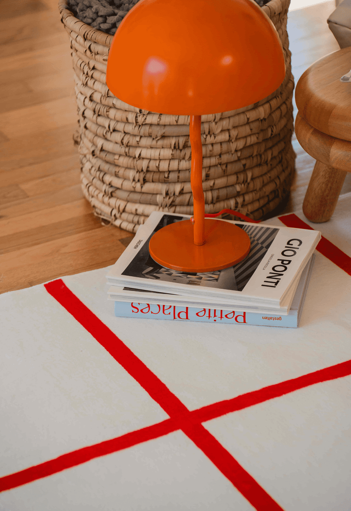 A lamp on the LanySpace Red and White Grid Modern Rug