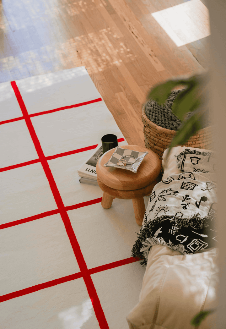 LanySpace Red and White Grid Modern Design Rug in a corner