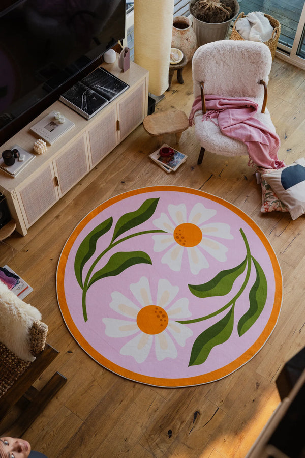 Lany Space x Jessica Miller Dual Daisy Pink Round Rug, 6' x 6', in the living room