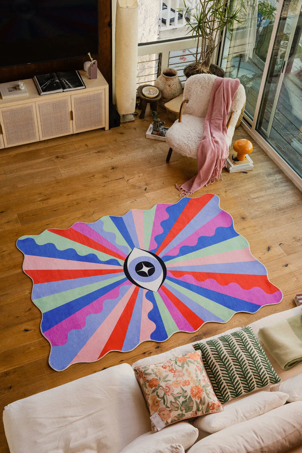 Lany Space x Jessica Miller Colorful Lazer Rays Eye Rug, 5'x7', in the living room