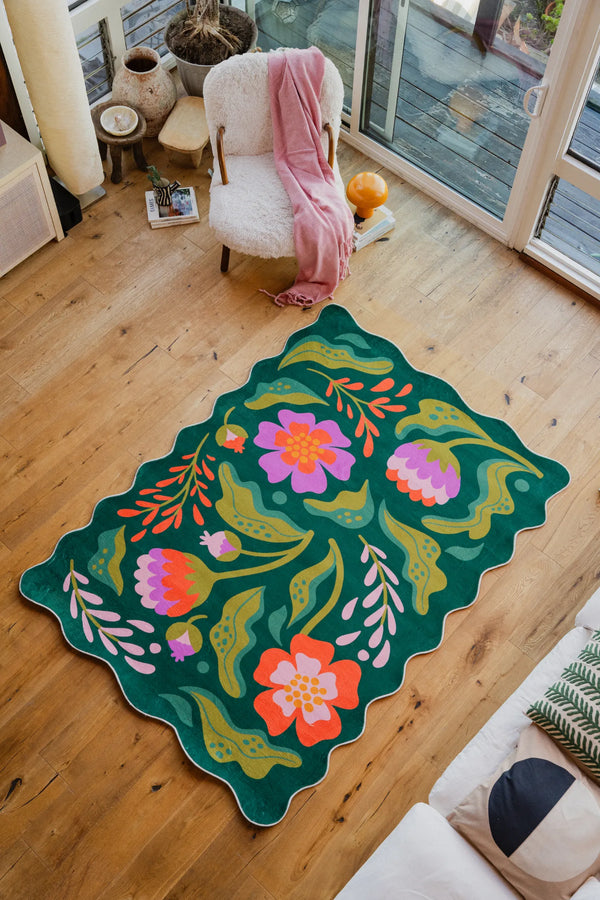 Jessica Miller Green Base Pink Floral Wavy Rug