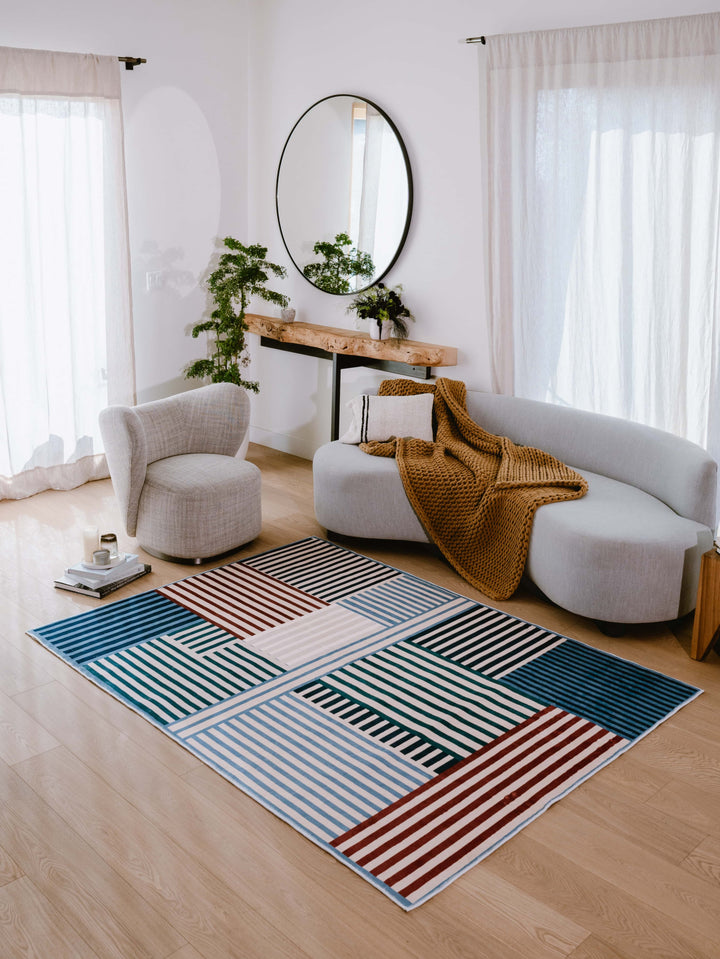 Modern Living Room with LanySpace Blue Vertical Stripe Rug