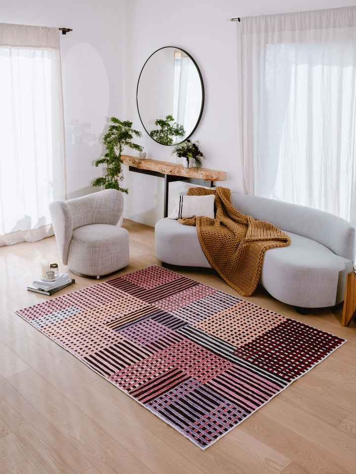 View of LanySpace Red Polka Dot and Stripe Pattern Rug in Living Room