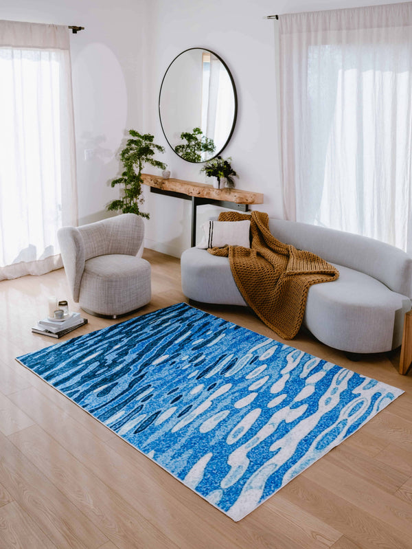 Full View of LanySpace Blue Water Wavy Modern Area Rug in Living Room