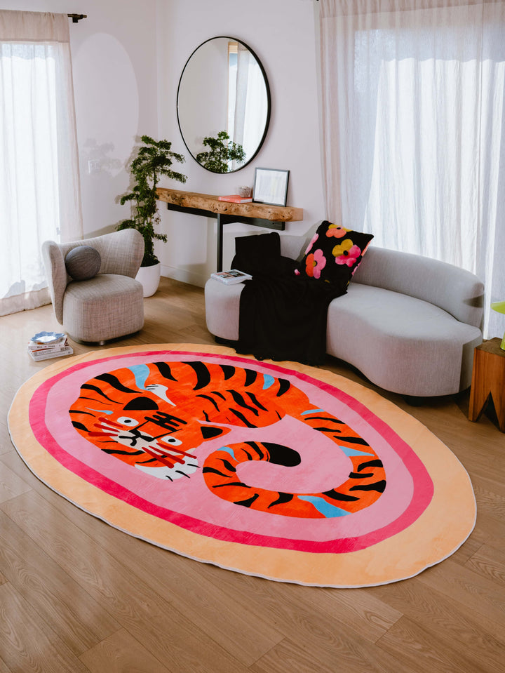 LanySpace Designer Pink Base Oval Tiger Area Rug 7’x10’ in Living Room