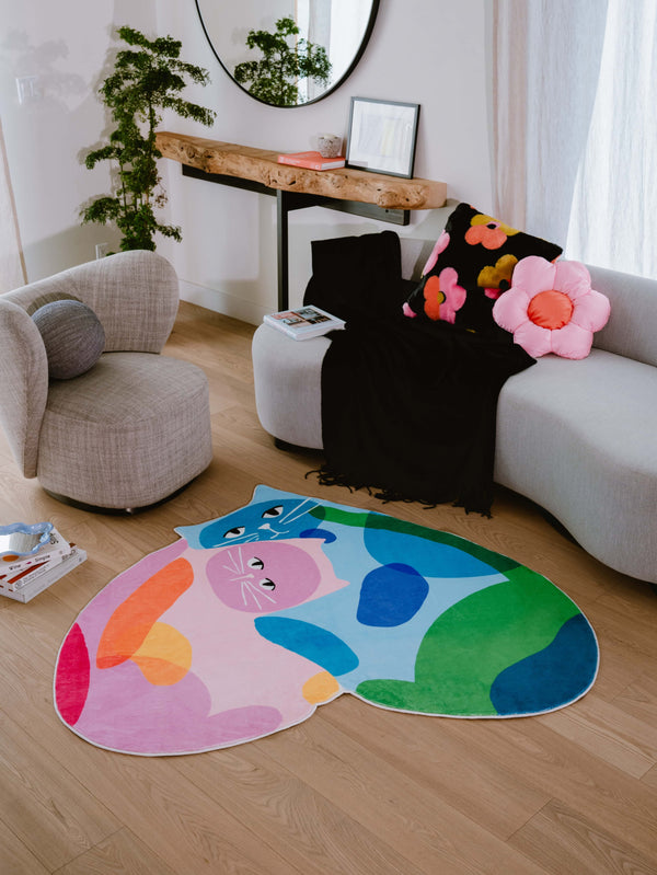 Lany Space Heart Shaped Blue and Pink Cuddle Cat Rug in Living Room