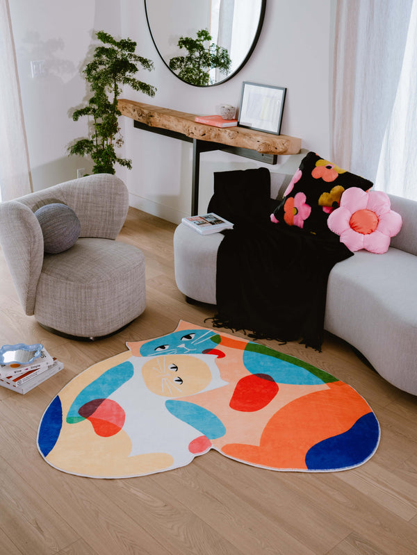 LanySpace Heart Shaped Yellow and Orange Cuddle Cat Rug, Living Room