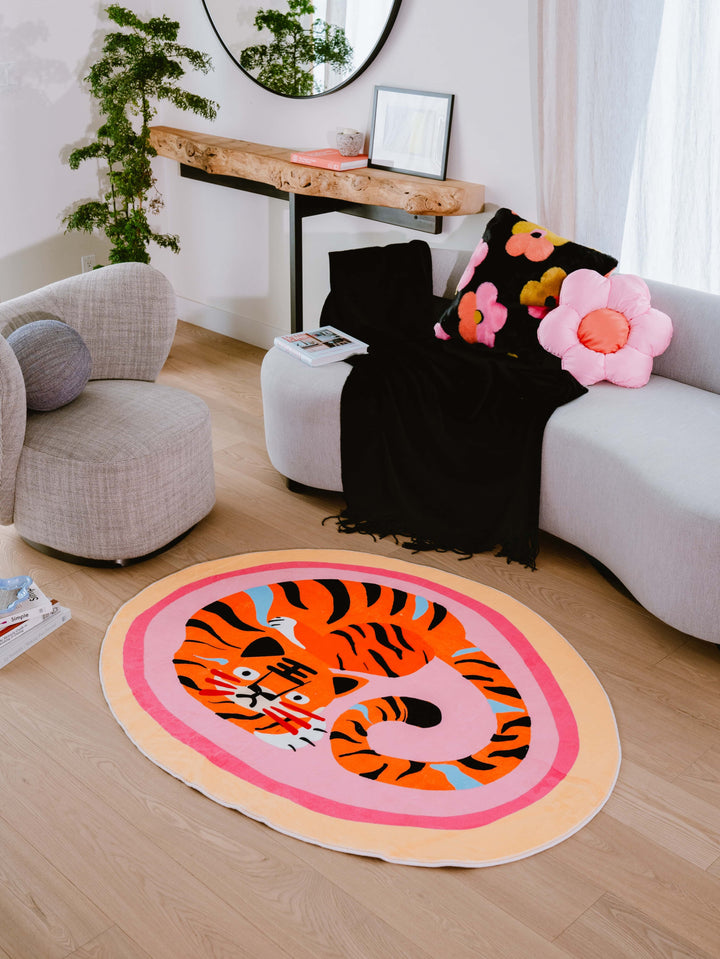 LanySpace Designer Pink Base Oval Tiger Area Rug 3’x5’ in Living Room