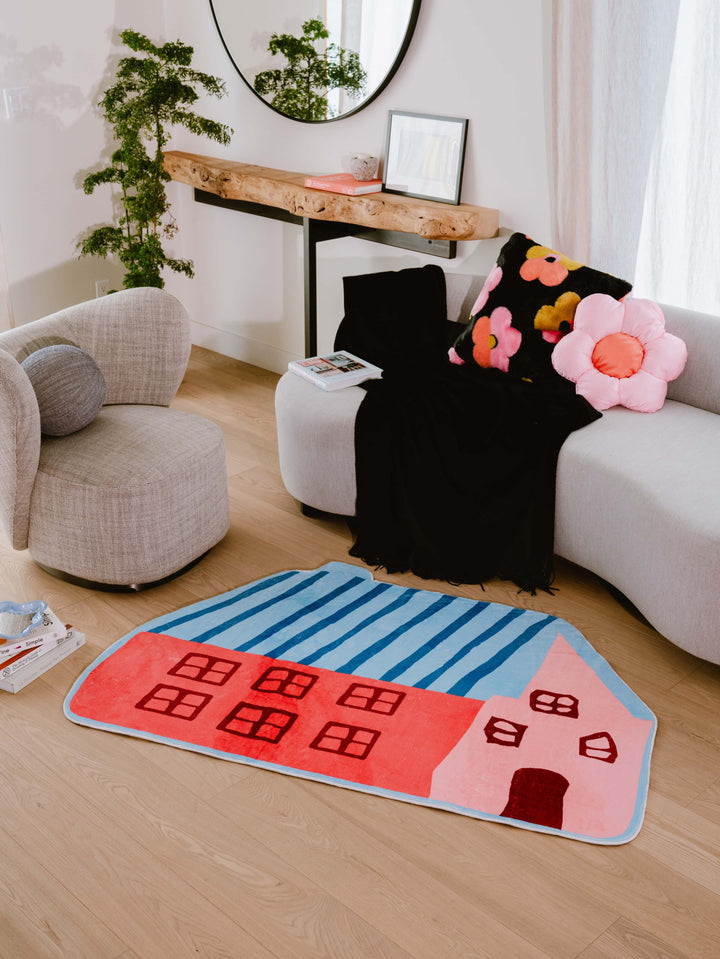 Complete Living Room with Irregular Shaped Pink Tiny House Runner