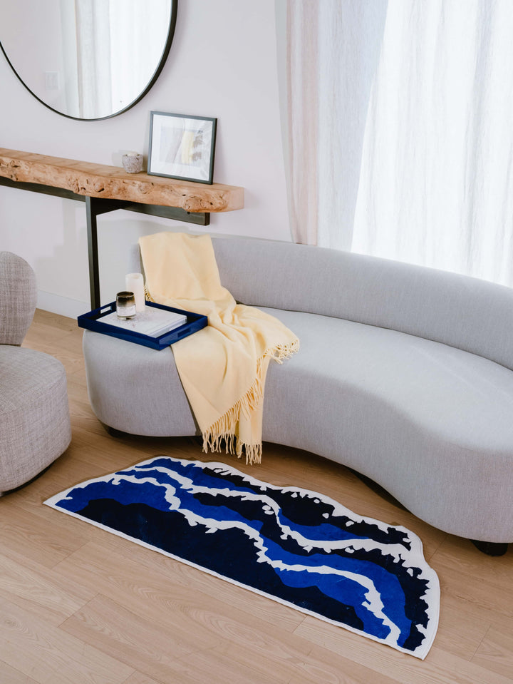 LanySpace Irregular Shaped Blue Wavy Runner Rug in Living Room