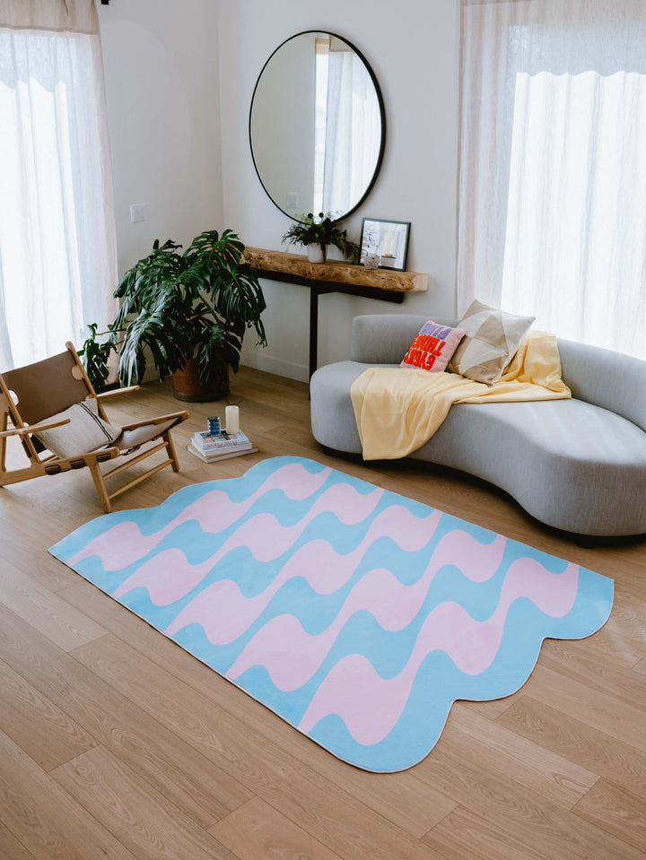 Living Room with LanySpace Irregular Shaped Blue and Pink Wavy Rug