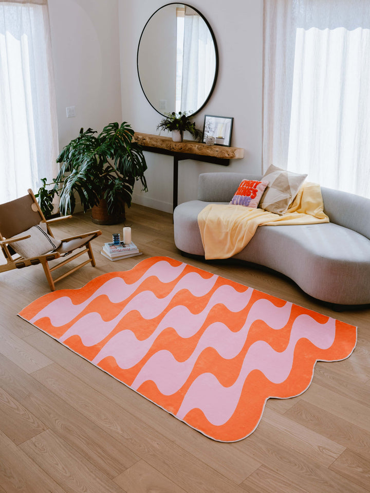 LanySpace Irregular Shaped Orange and Pink Wavy Rug in Living Room