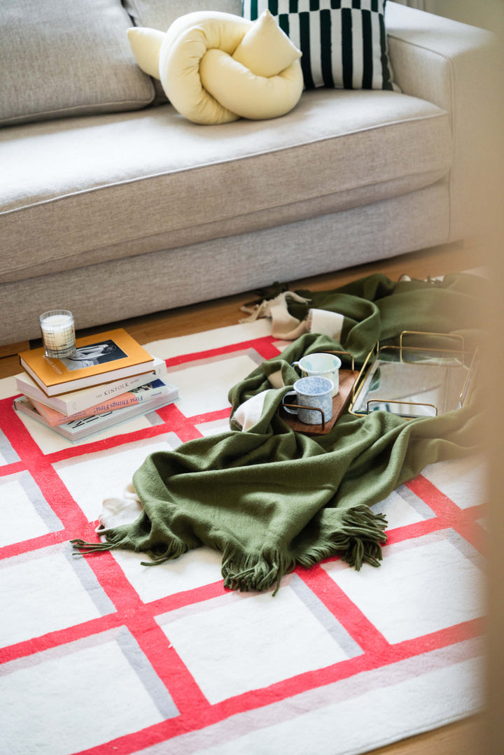 Cozy Reading on LanySpace Red Grid Area Rug