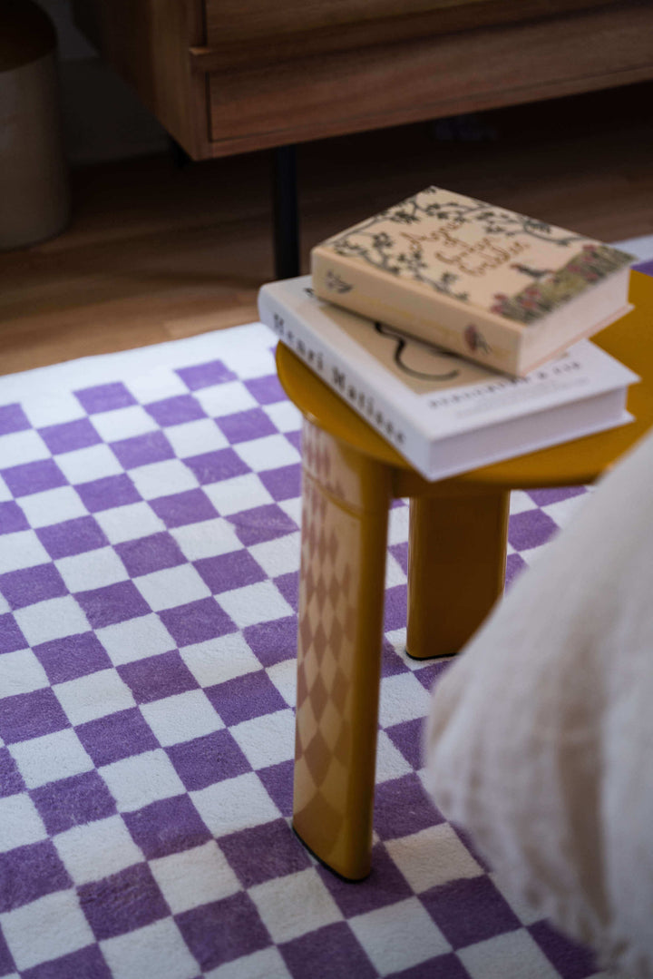 LanySpace Ube Checkered Rug under chair in bedroom