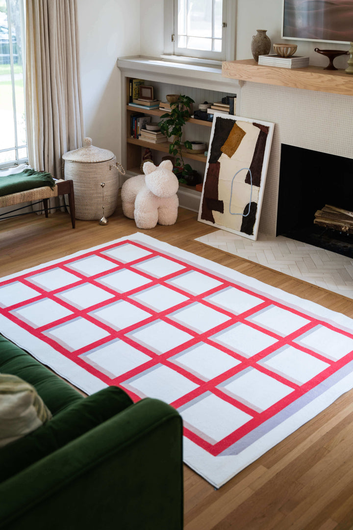 LanySpace Red Grid Area Rug in Living Room