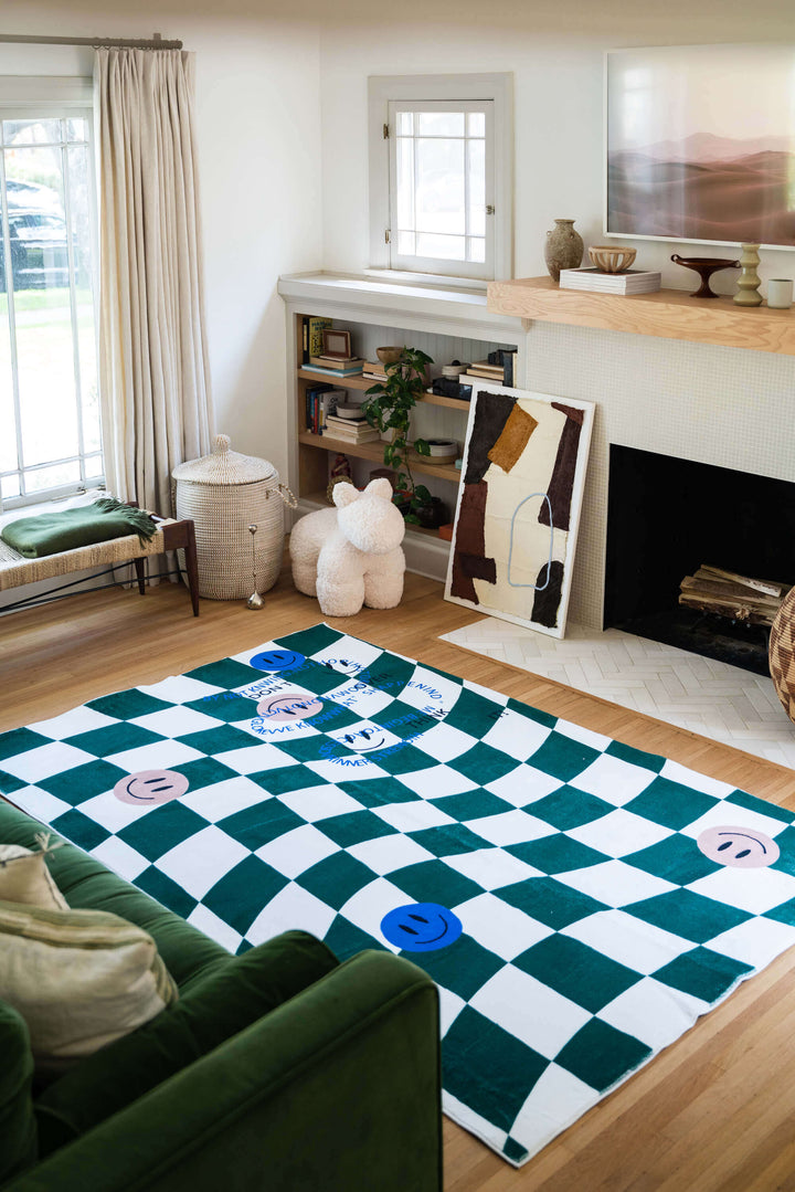 Living Room with LanySpace Green Illusion Checkered Rug