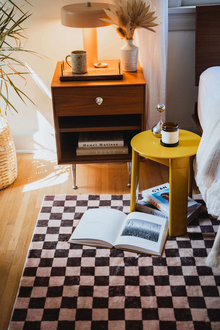 LanySpace Chocolate Brown Checkered Rug under the bed