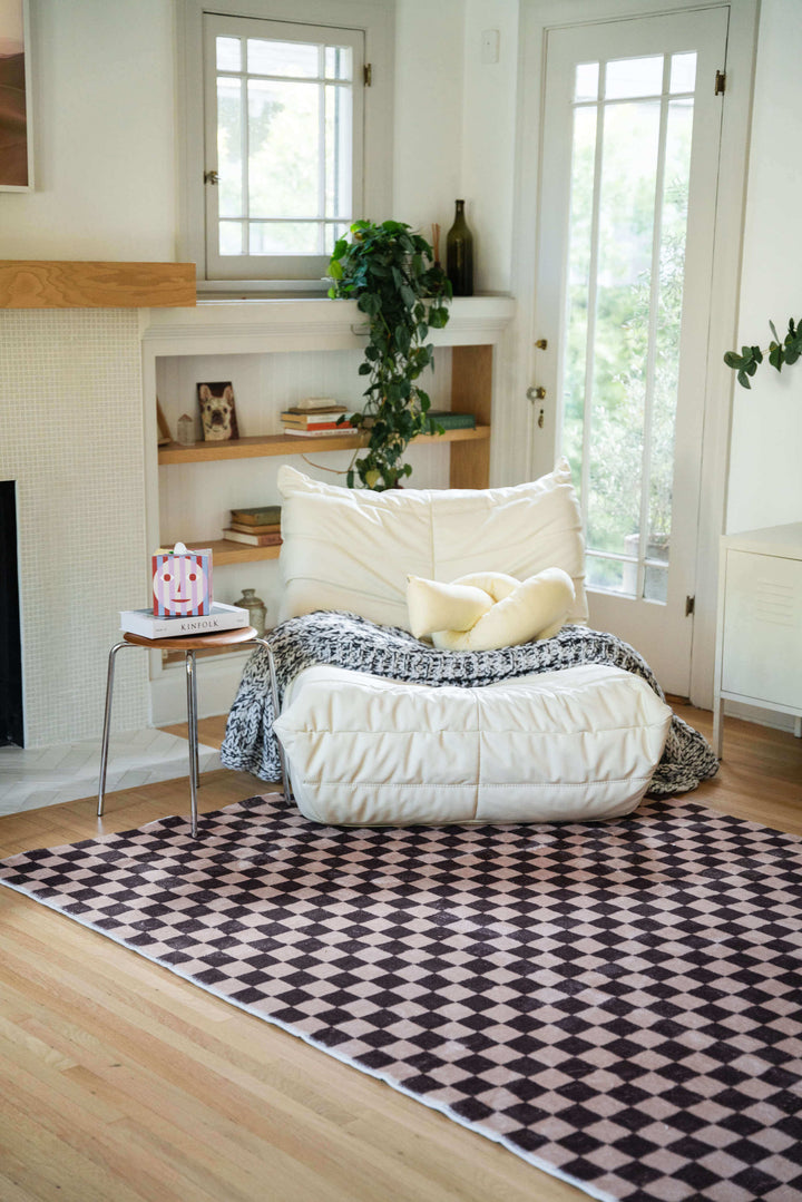 LanySpace Chocolate Brown Checkered Rug in the living room