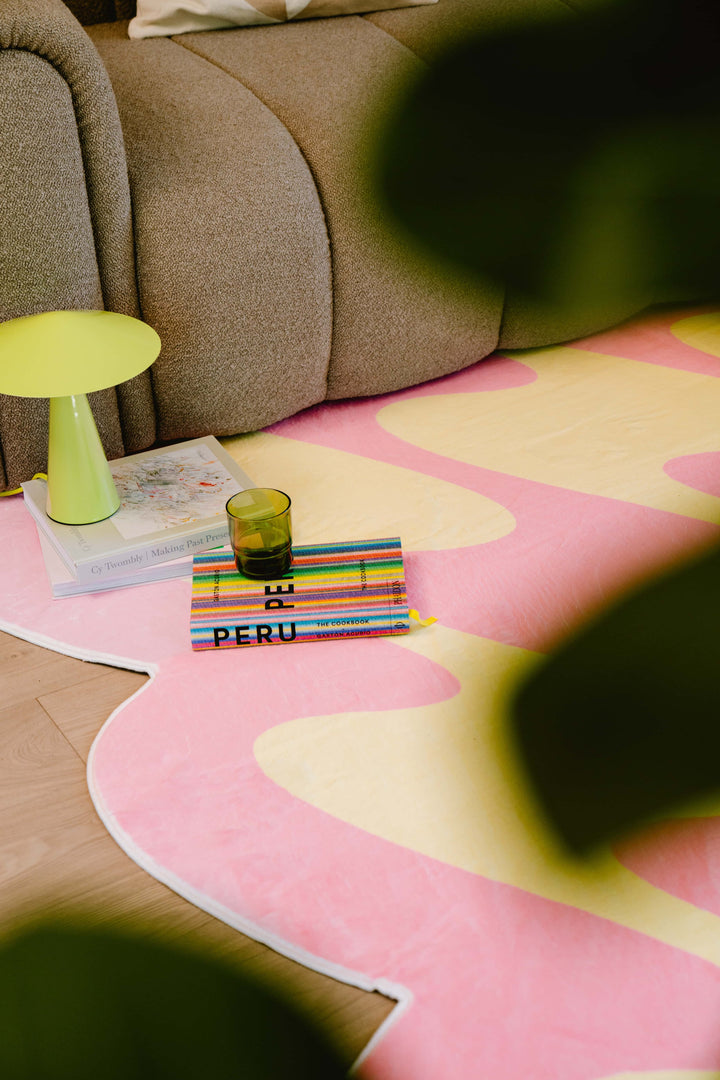 Cozy Spot with LanySpace Irregular Shaped Pink and Yellow Wavy Rug