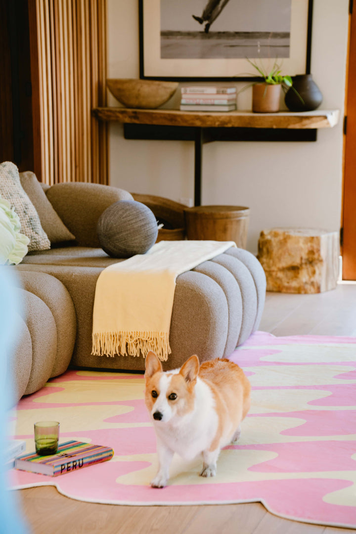 A Dog Walks on LanySpace Irregular Shaped Pink and Yellow Wavy Rug