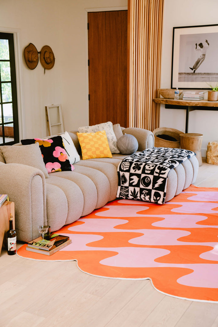 Cozy Living Room with LanySpace Irregular Shaped Orange&Pink Wavy Rug