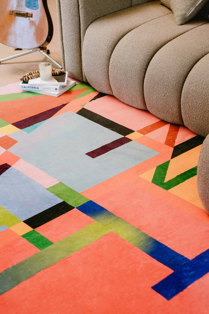 LanySpace Multicolored Block Abstract Area Rug near Sofa