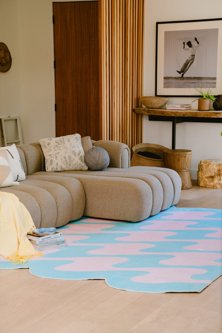 Cozy Corner with LanySpace Irregular Shaped Blue and Pink Wavy Rug