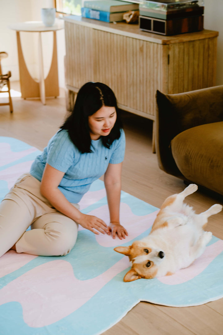 Play with A Dog on LanySpace Irregular Blue and Pink Wavy Rug