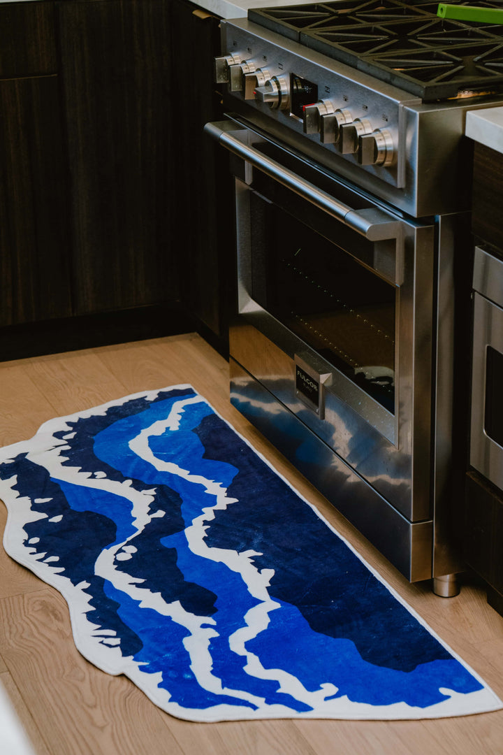 Closer Look at LanySpace Blue Wave Wash Runner by Stove in Kitchen