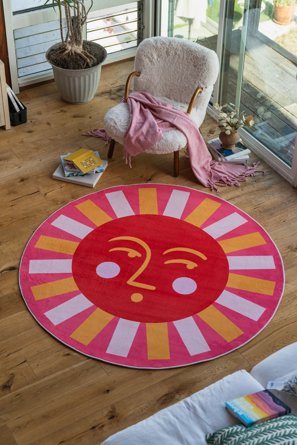 Jessica Miller Pink Smiley Sunburst Round Rug