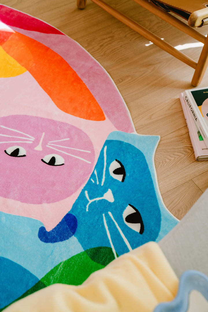 Closer Look at LanySpace Heart Shaped Blue and Pink Cuddle Cat Rug