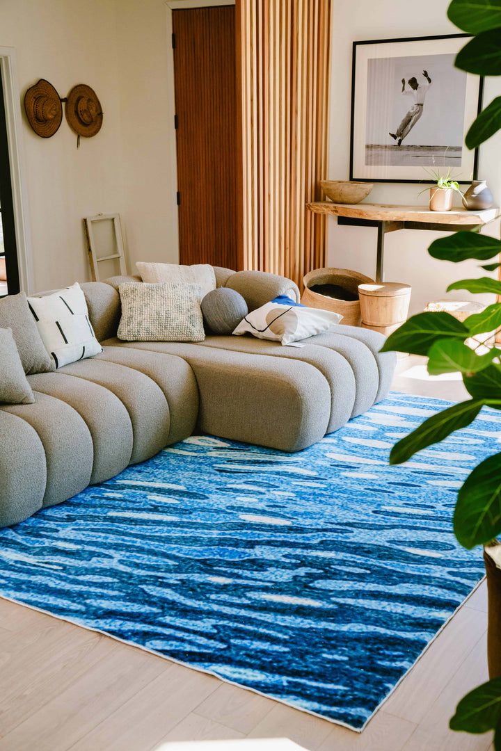 LanySpace Blue Water Wavy Modern Area Rug 7’x10‘ in Living Room