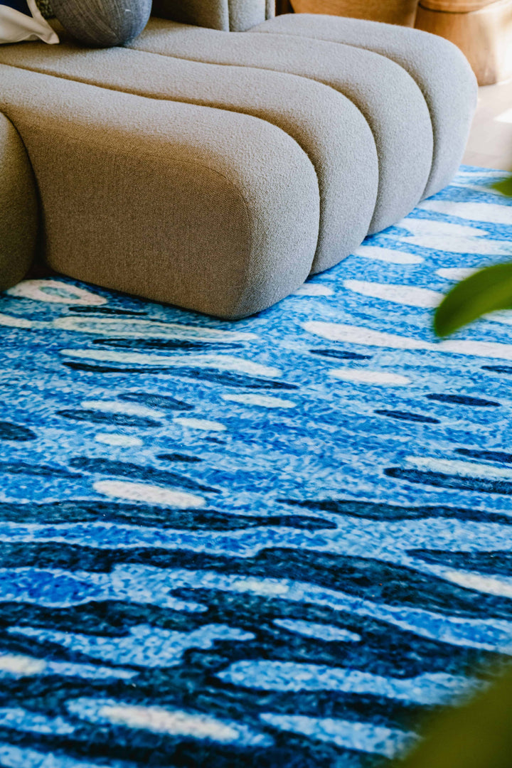 Details of LanySpace Blue Water Wavy Modern Area Rug under Sofa