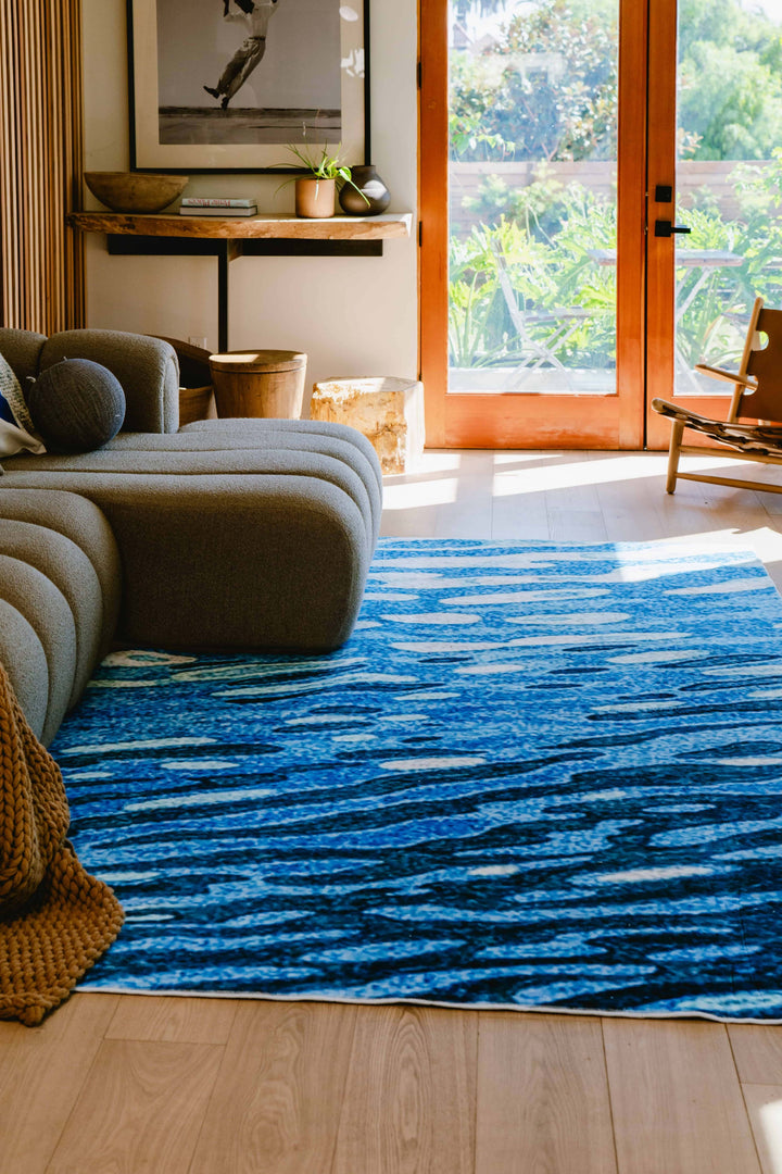 View of LanySpace Blue Water Wave Rug in Living Room