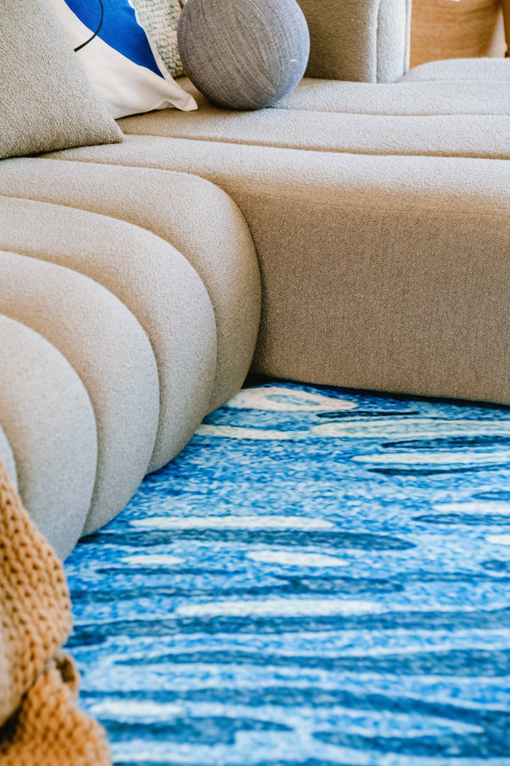 Details of LanySpace Blue Water Wavy Modern Area Rug under Sofa