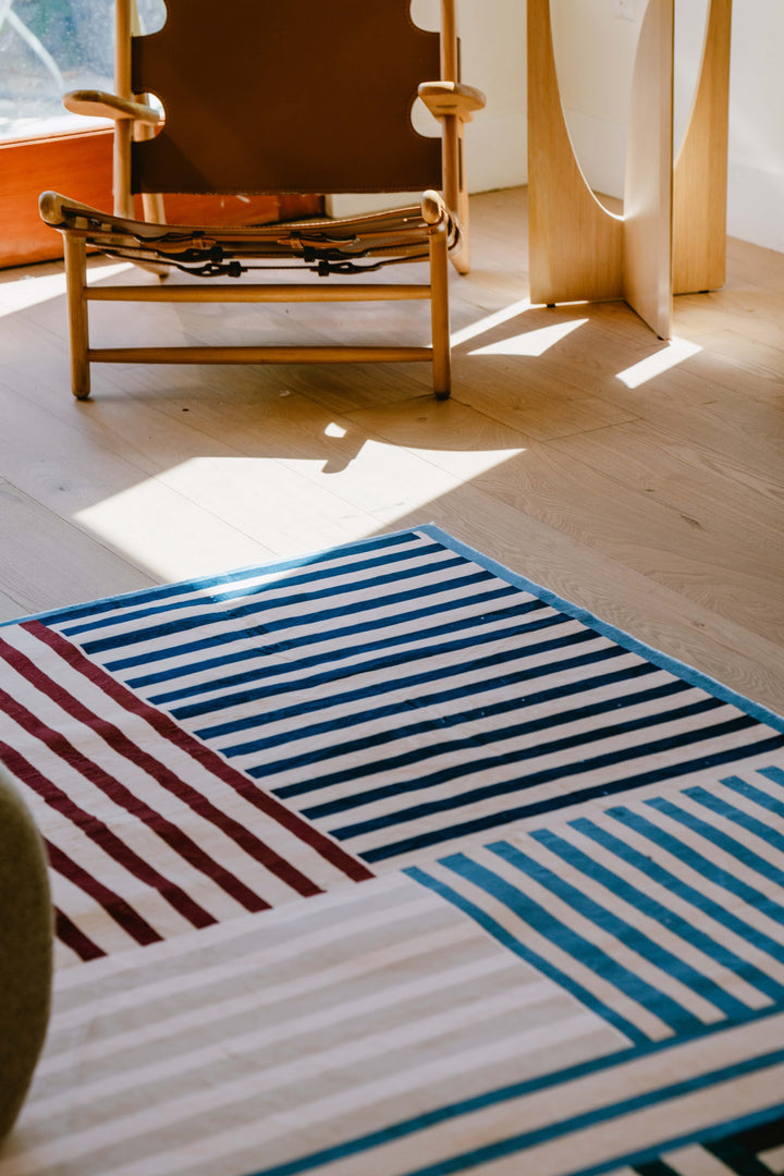 Cozy Corner with soft LanySpace Blue Vertical Stripe Pattern Rug